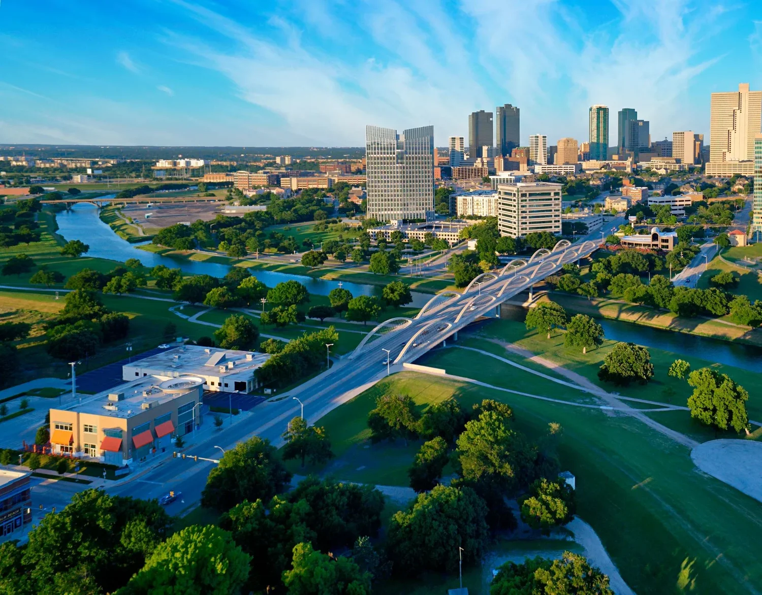Aerial view of downtown Fort Worth and the Trinity River